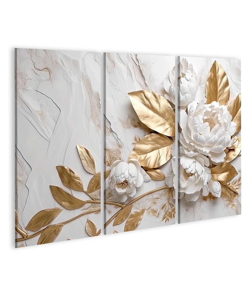 Islandburner Bild auf Leinwand Luxuriöses Wandbild mit goldener Blumenmuster auf weißem Marmor-Hintergrund