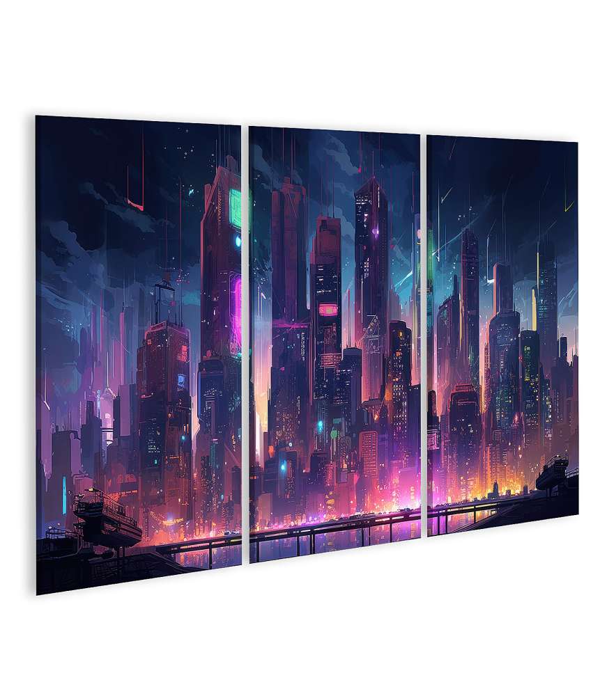 Islandburner Bild auf Leinwand Dunkle Cyberpunk-Stadt-Skyline beleuchtet mit Neonlichtern