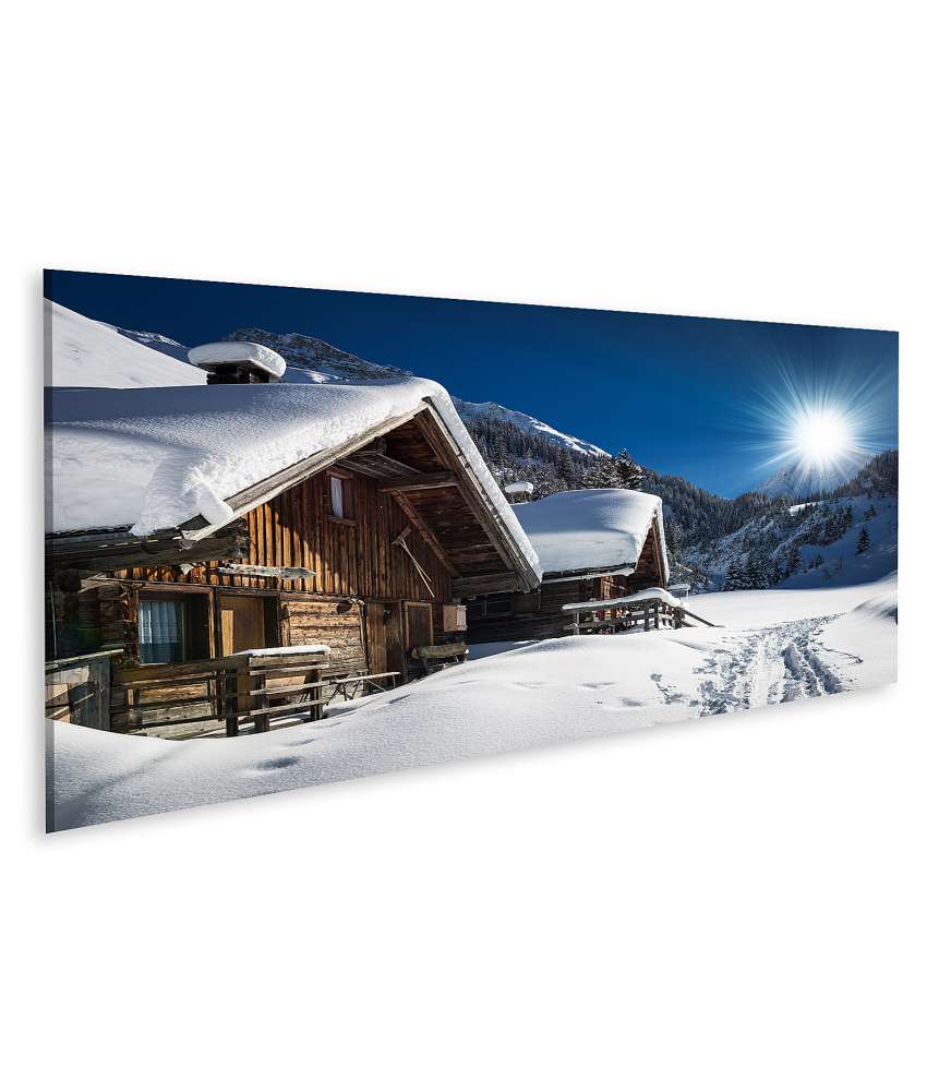 Islandburner Bild auf Leinwand Winterliches Skichalet und Hütte in schneebedecktem Bergpanorama