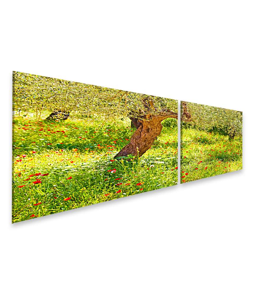 Islandburner Bild auf Leinwand Lebendiges Wandbild einer Mohnblumenwiese mit prächtigem Baum