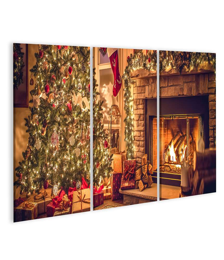 Islandburner Bild auf Leinwand Innenraum mit weihnachtlich dekoriertem Baum, Geschenken, Kamin und Banner