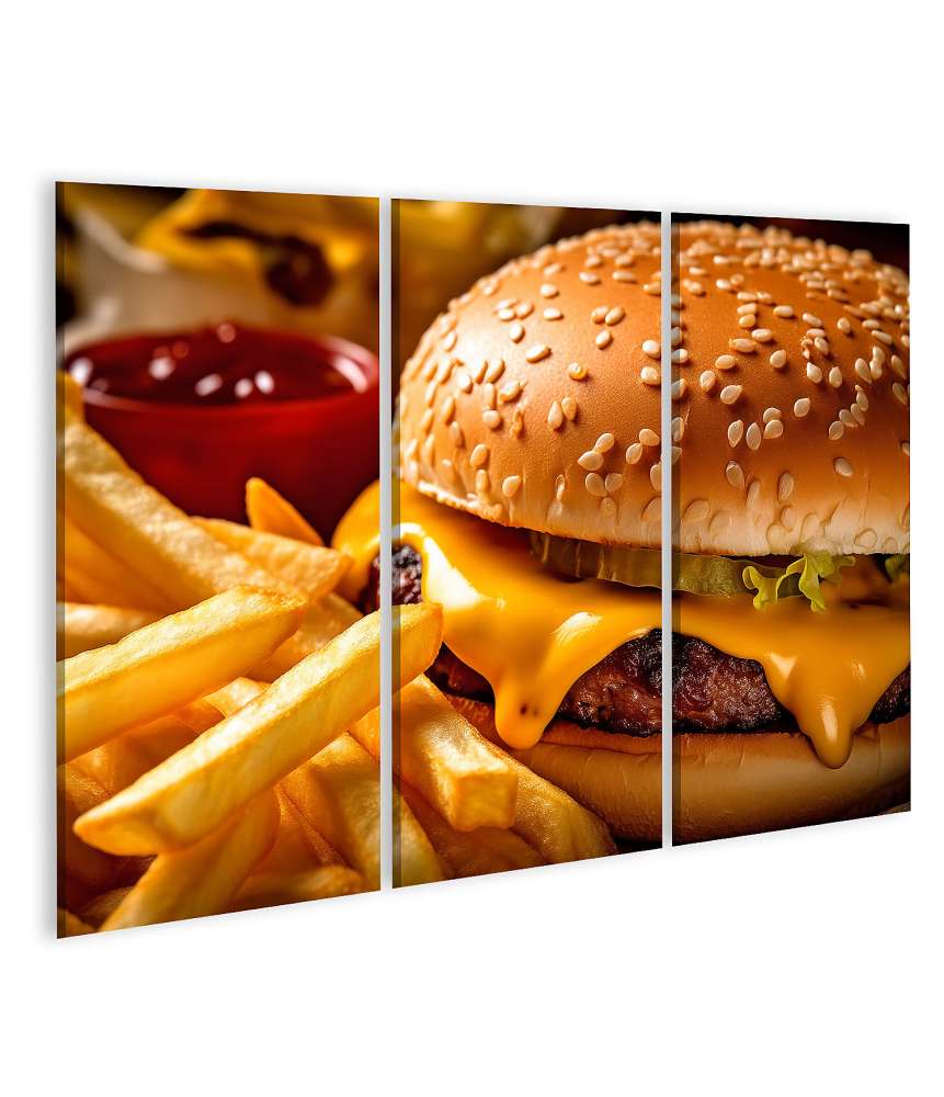 Islandburner Bild auf Leinwand Lebhaftes Wandbild: Hamburger und knusprige Pommes Frites