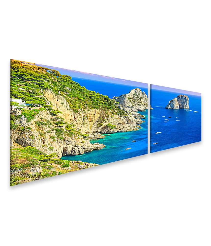 Islandburner Bild auf Leinwand Panoramisches Wandbild von Capri Insel, Strand und Faraglioni Klippen, Italien