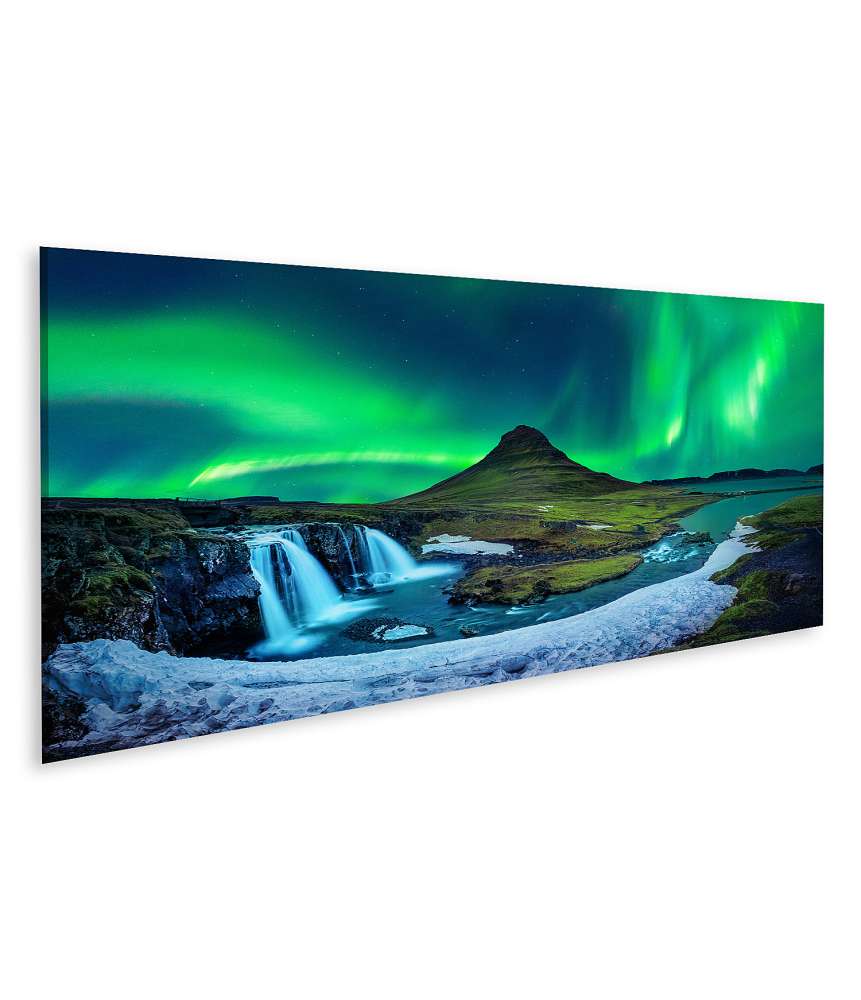 Islandburner Bild auf Leinwand Winterliches Nordlicht Aurora Borealis über Kirkjufell Berg, Island