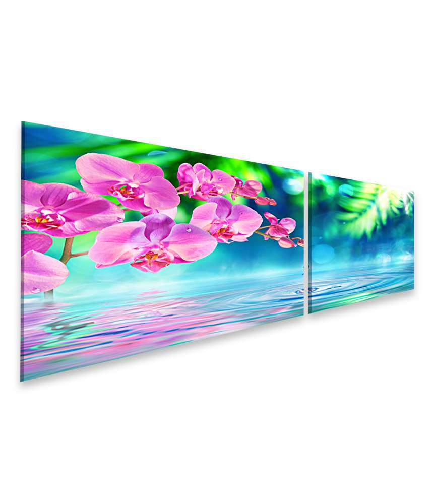 Islandburner Bild auf Leinwand Orchidee im Zen-Garten mit Teich und funkelnden Wassertropfen