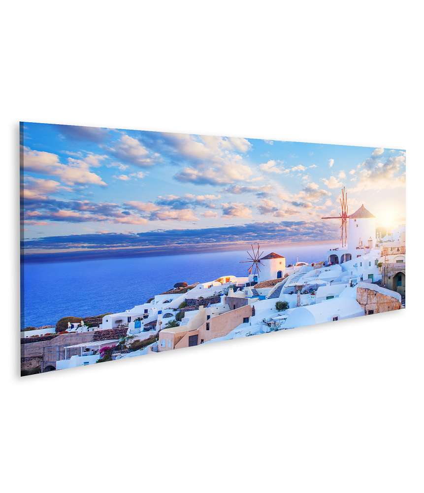 Islandburner Bild auf Leinwand Santorini-Skyline mit blauem Himmel, Wolken und Oia-Stadt, Griechenland