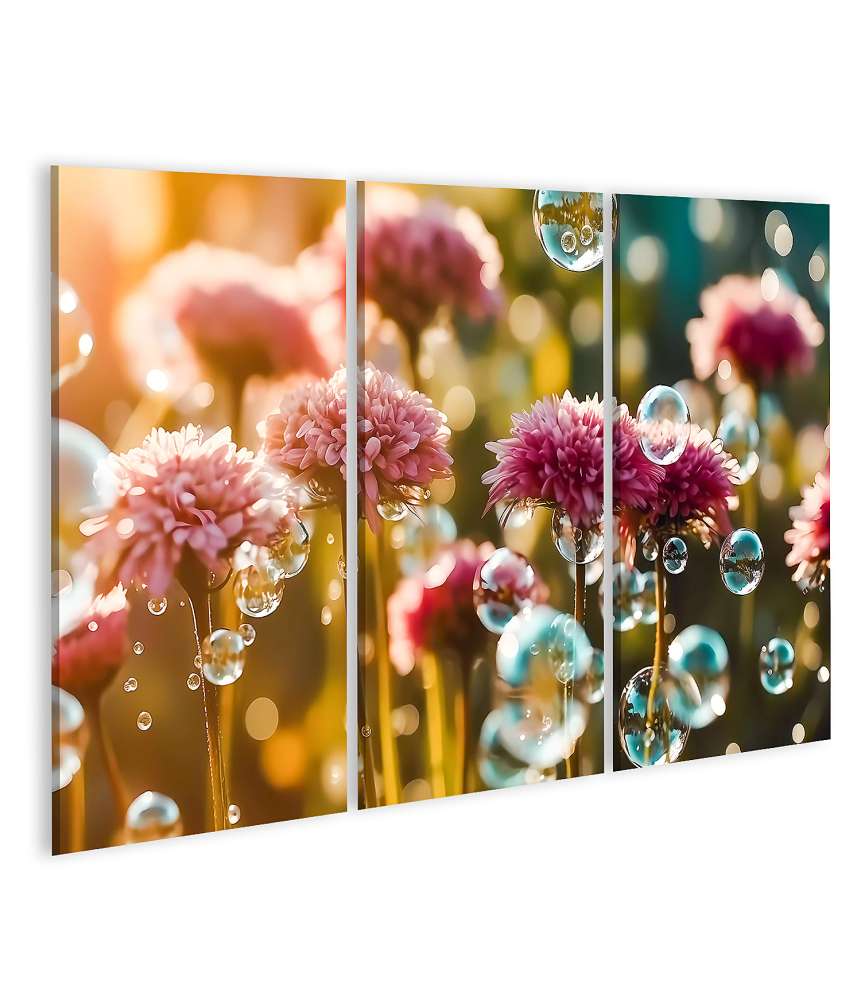 Bild auf Leinwand Vibrantes Wandbild mit mehrfarbigen Wildblumen und Seifenblasen