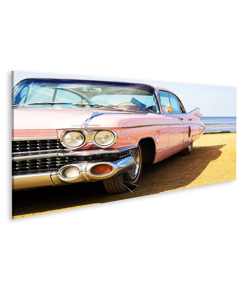 Islandburner Bild auf Leinwand Klassisches Wandbild eines rosa Cadillac am Strand