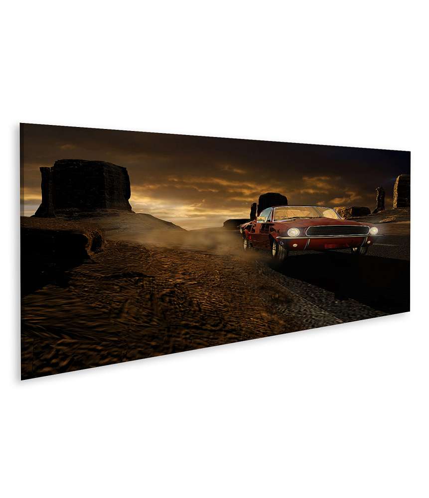 Bild auf Leinwand 1967er Ford Mustang in metallrot vor Monument Valley-Wandbild