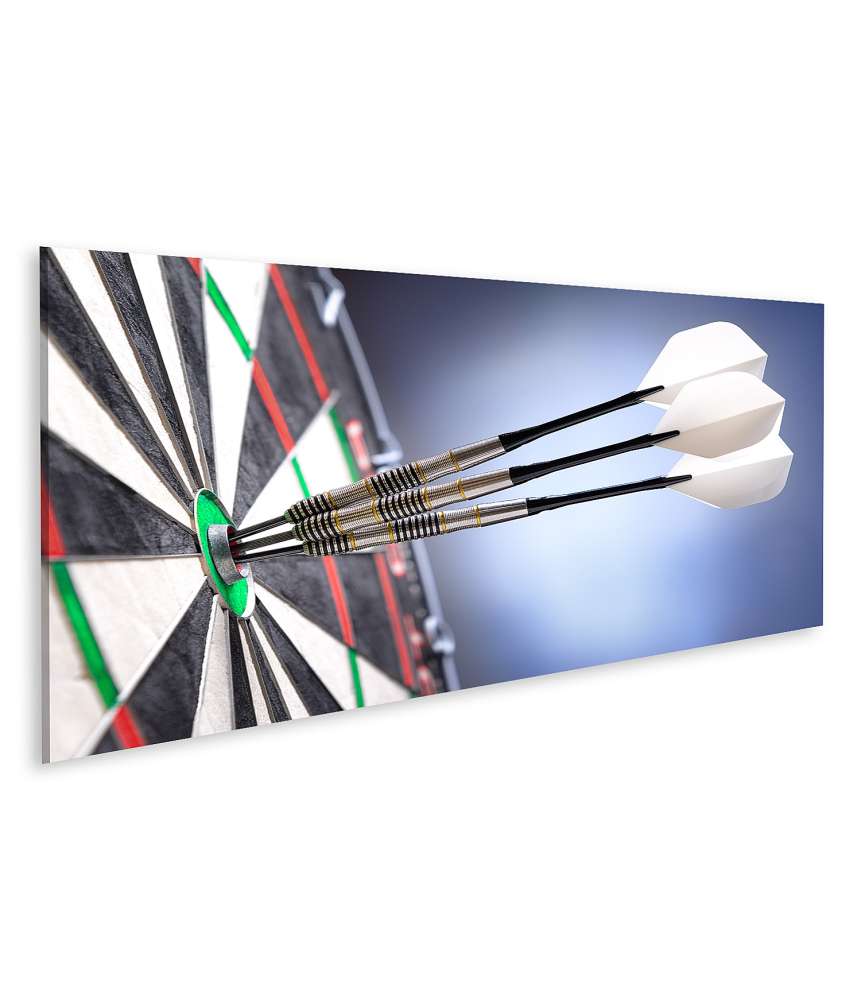 Islandburner Bild auf Leinwand Drei Darts zielen perfekt auf das Bullseye einer Dartscheibe