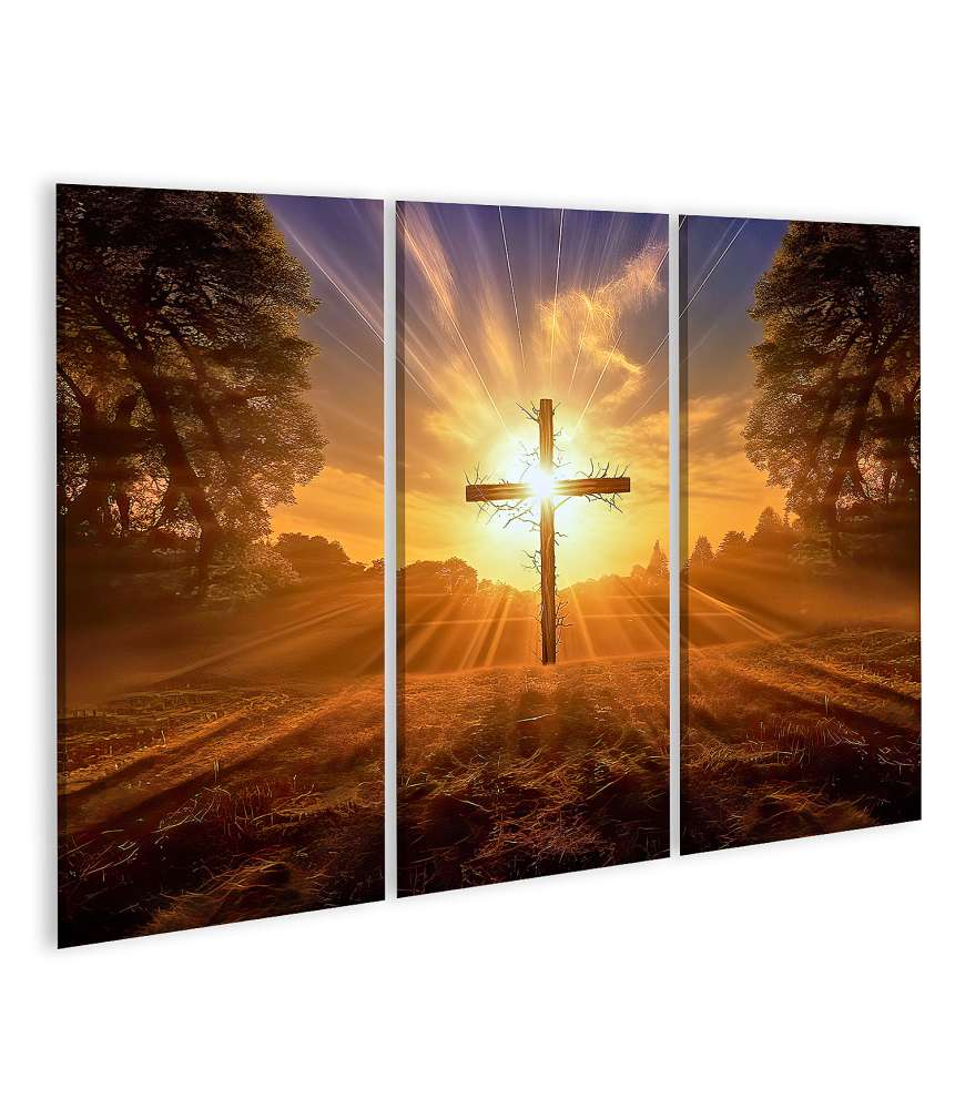 Islandburner Bild auf Leinwand Hintergrundbeleuchtetes großes Kreuz mit Sonnenstrahlen hinter Christus