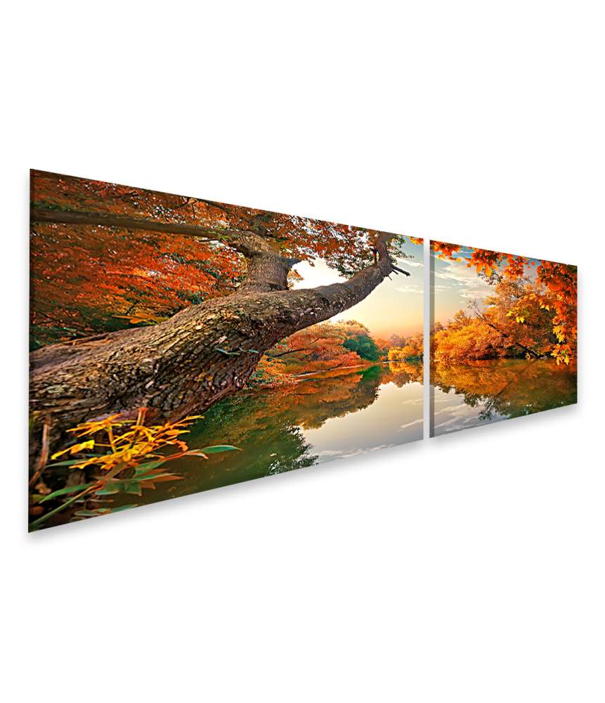 Islandburner Bild auf Leinwand Herbstlicher Wald mit orangefarbenem Fluss, Wandbild 130A