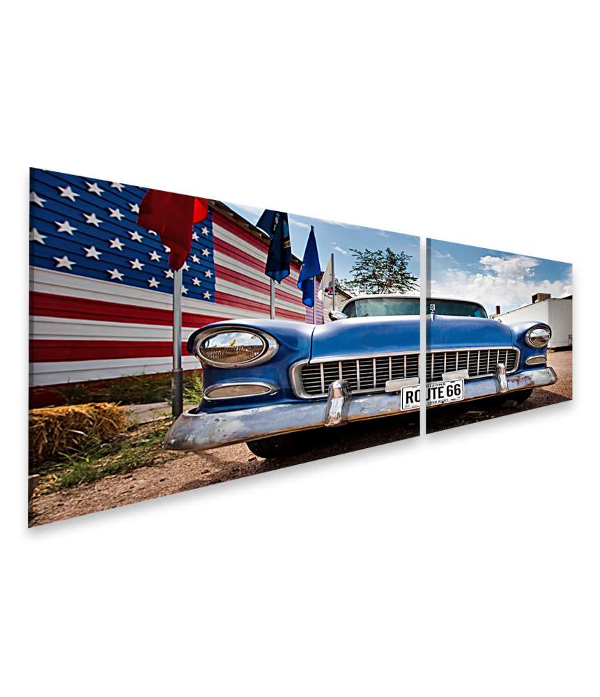 Islandburner Bild auf Leinwand USA-Flagge, Route 66 und amerikanisches Auto Wandbild