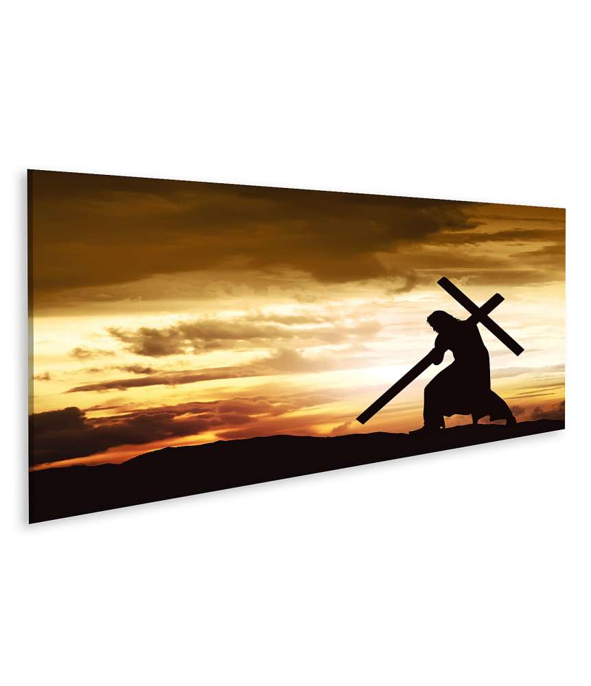 Islandburner Bild auf Leinwand Silhouette von Jesus am Kreuz auf einem Hügel bei Sonnenuntergang