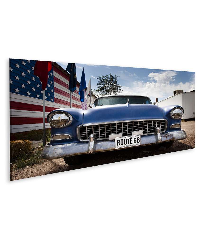 Islandburner Bild auf Leinwand Amerikanische Flagge auf Vintage Auto, Route 66 Wandbild