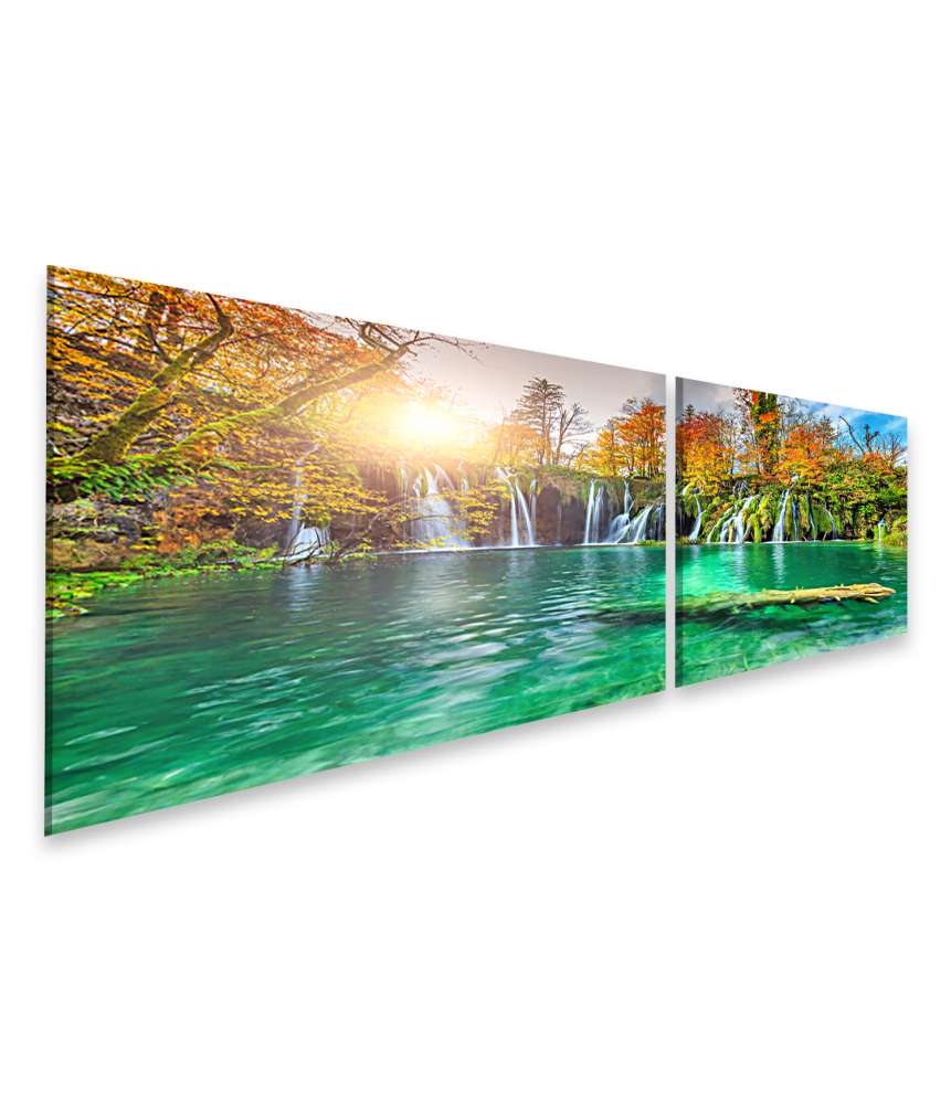 Islandburner Bild auf Leinwand Buntes Herbstpanorama mit Wasserfällen im Plitvice Nationalpark, Kroatien