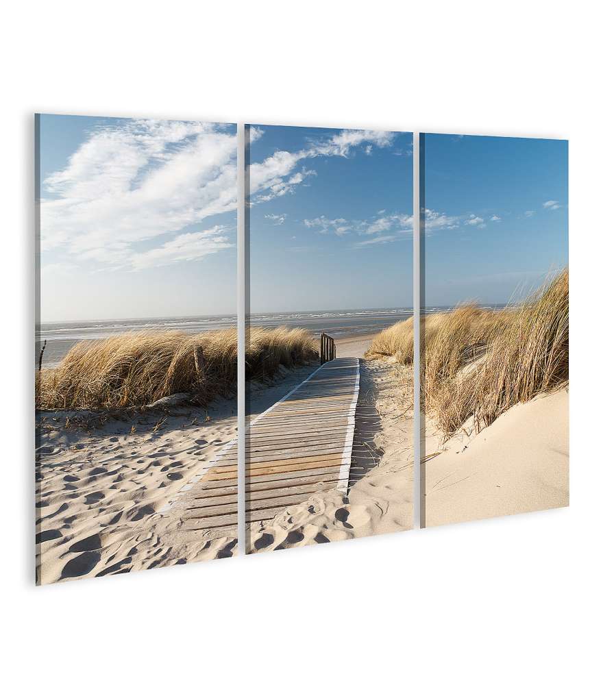 Islandburner Bild auf Leinwand Pittoreskes Wandbild: Weg durch Dünen auf Langeoog mit Nordsee-Panorama