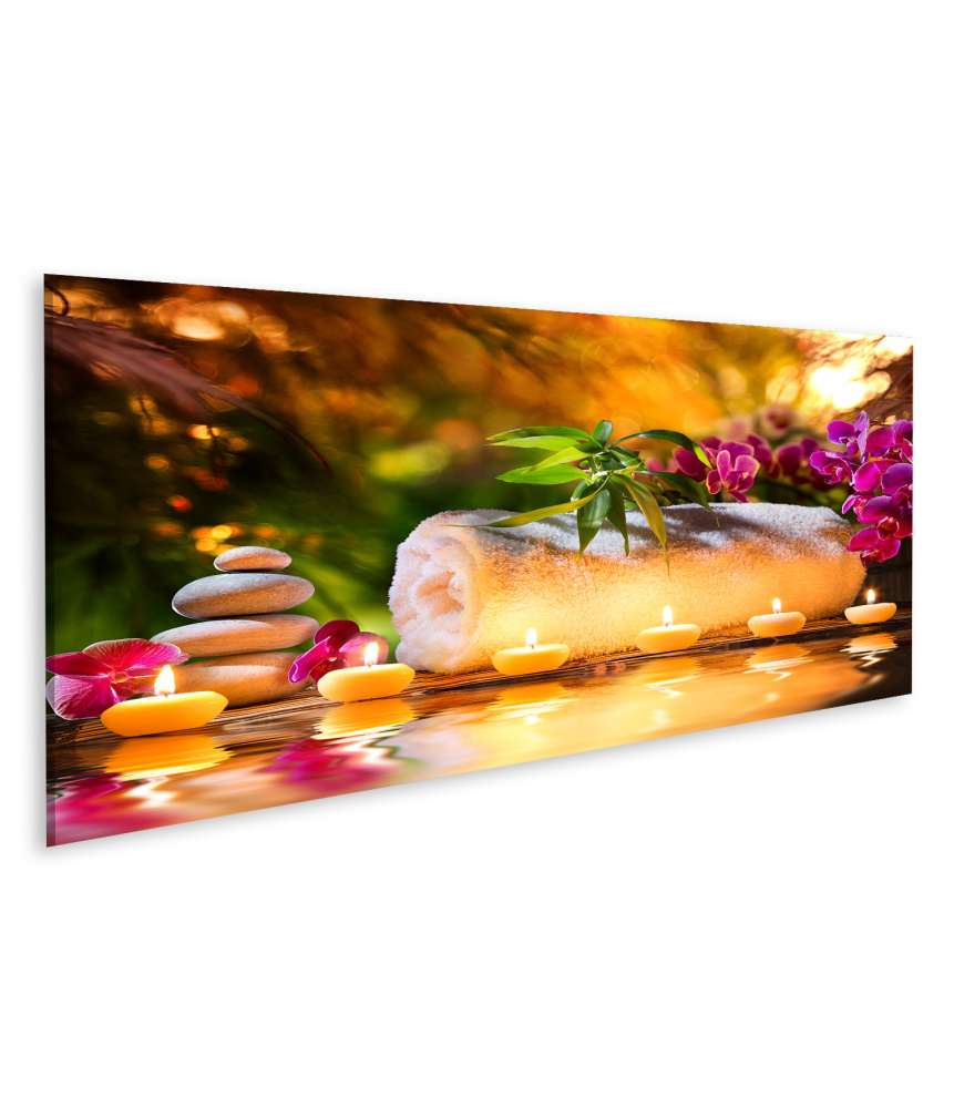 Islandburner Bild auf Leinwand Atmosphärisches Wandbild von Kerzen, Wasser und Spa-Massage im Garten