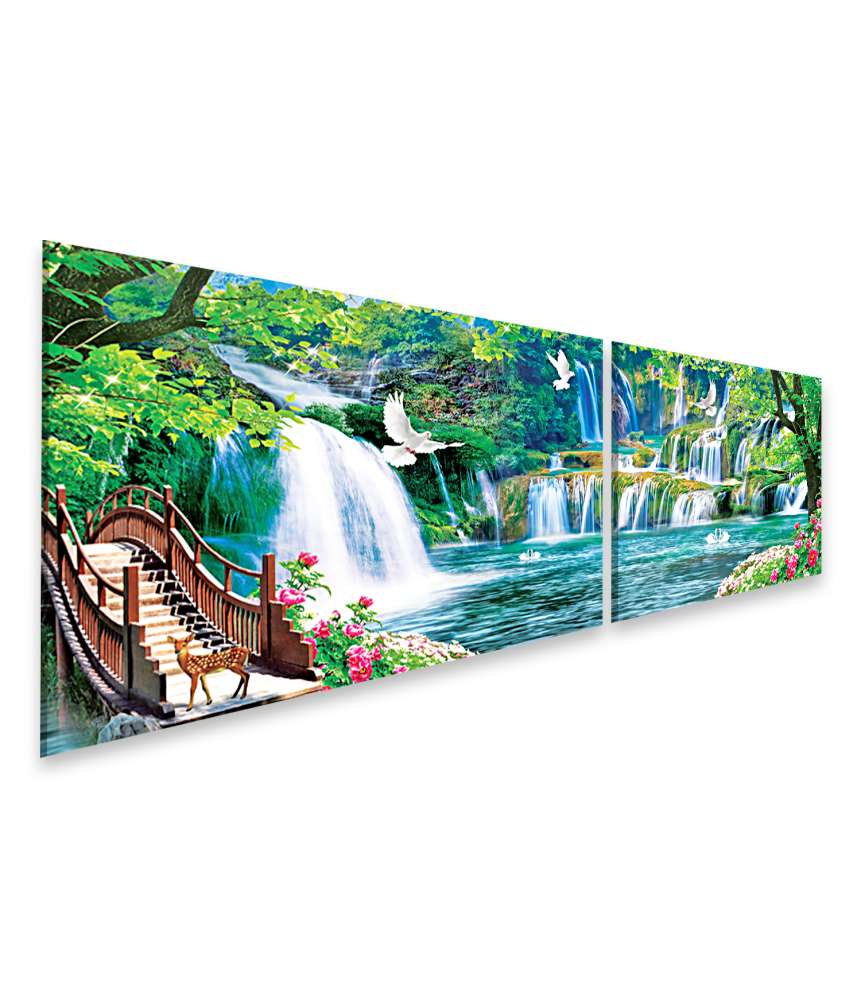 Islandburner Bild auf Leinwand Vibrantes Wandbild: Bunte Landschaft mit Blumen, Bäumen und Wasserfall