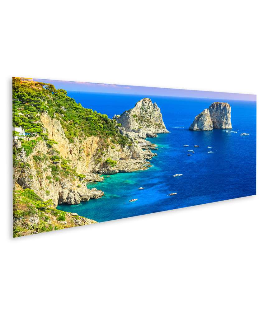 Islandburner Bild auf Leinwand Panoramisches Wandbild von Capri Insel, Strand und Faraglioni Klippen, Italien