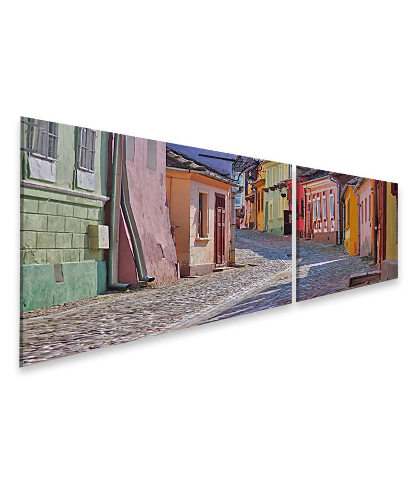 Islandburner Bild auf Leinwand Buntes mittelalterliches Straßenbild mit alten Häusern in Sighisoara, Rumänien