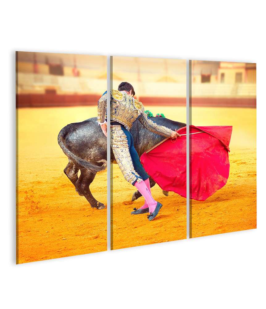Bild auf Leinwand Matador in lebhafter Corrida während eines typischen spanischen Stierkampfes