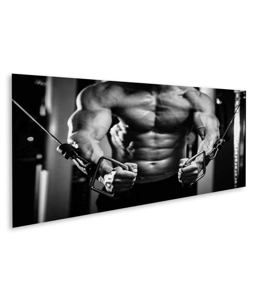 Islandburner Bild auf Leinwand Nahaufnahme eines Bodybuilders im Fitnessstudio, schwarzweiß Darstellung