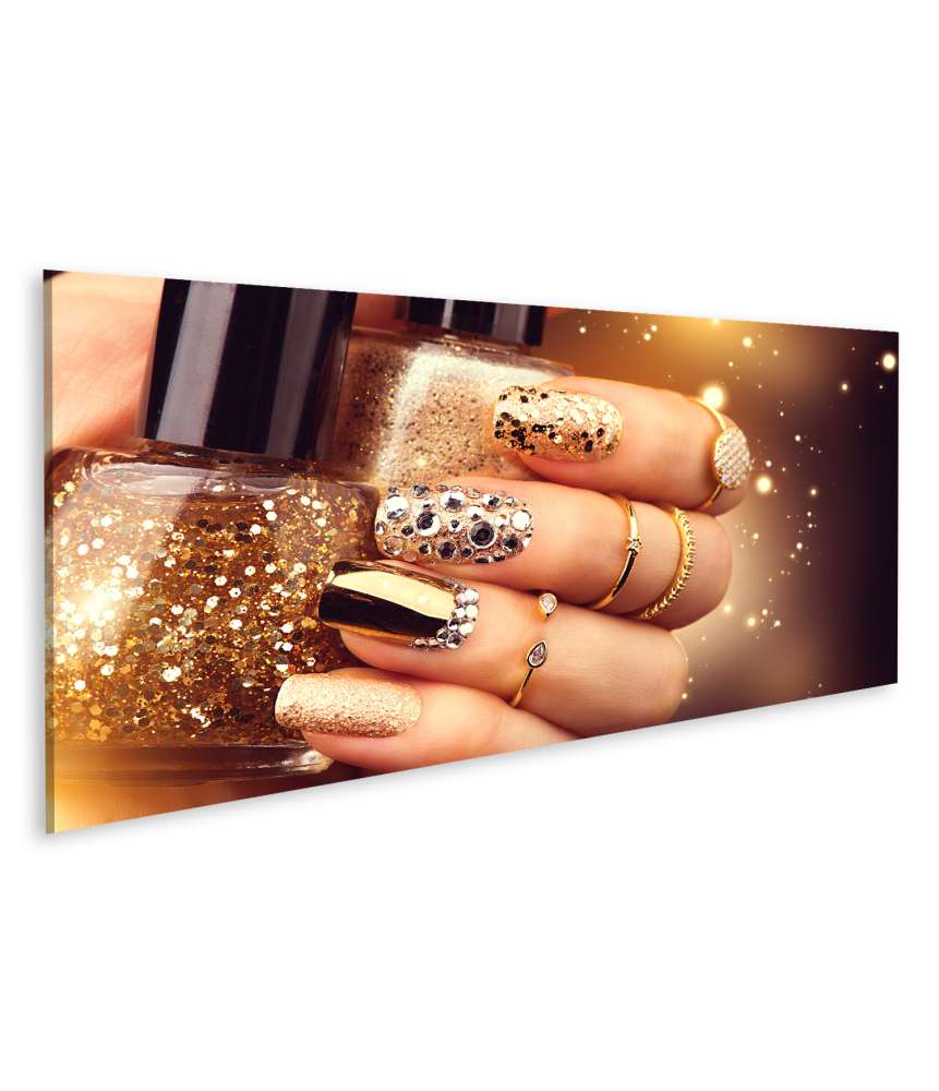 Islandburner Bild auf Leinwand Wandbild von goldenen Maniküre- und Nagellack-Accessoires