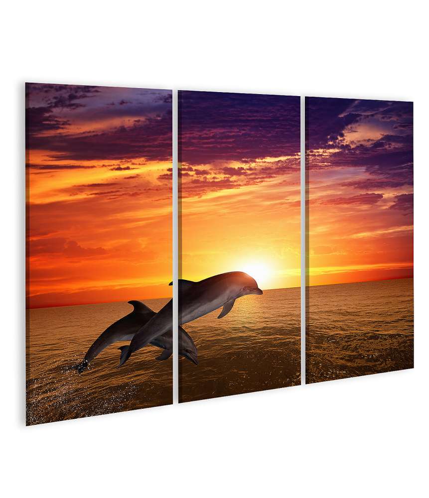 Bild auf Leinwand Springende Delphine vor malerischem Sonnenuntergang im Meeresleben-Hintergrund