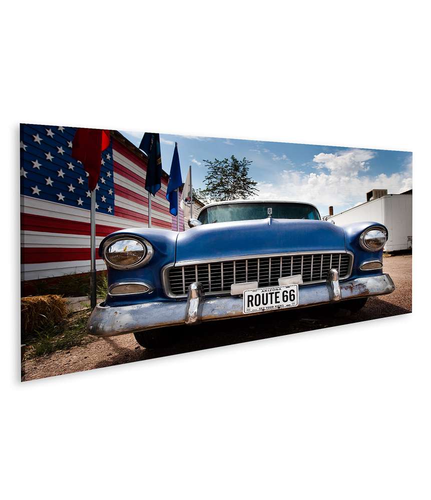 Islandburner Bild auf Leinwand USA-Flagge, Route 66 und amerikanisches Auto Wandbild