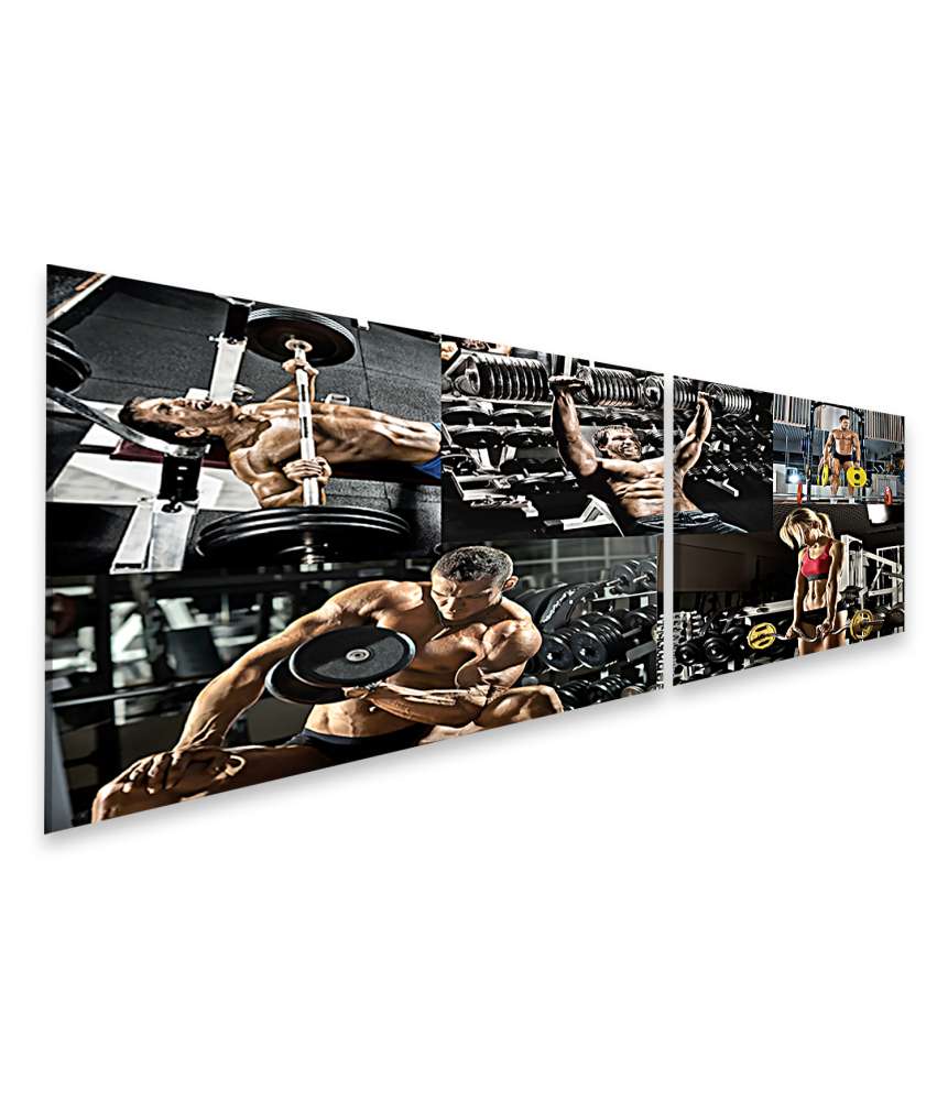 Islandburner Bild auf Leinwand Bodybuilding-Ãbung mit Gewichtspresse in Fitnessstudio-Fotocollage-Wandbild