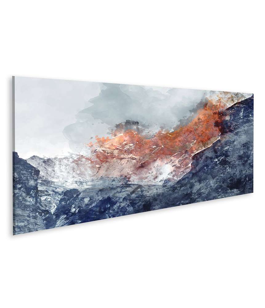 Islandburner Bild auf Leinwand Digital-Aquarell-Wandbild mit abstrakten Bergketten in Blau-Orange-Tönen