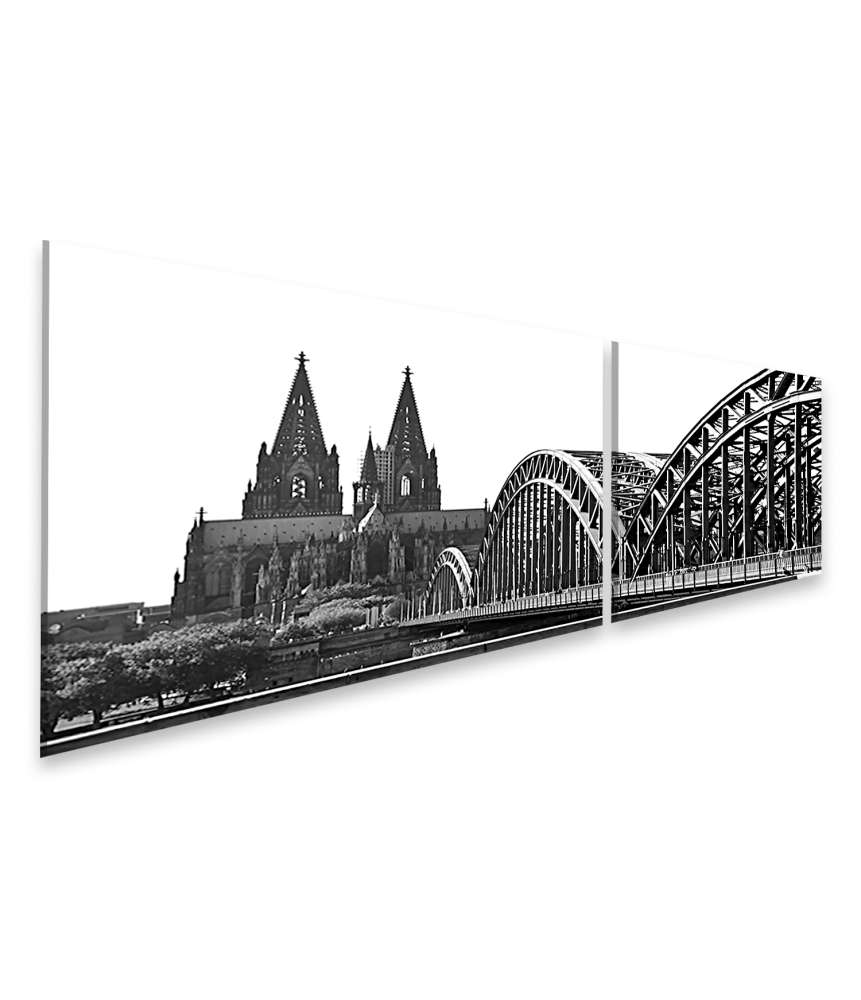 Islandburner Bild auf Leinwand Schwarz-Weiß Wandbild des Kölner Doms mit Brücke in Köln