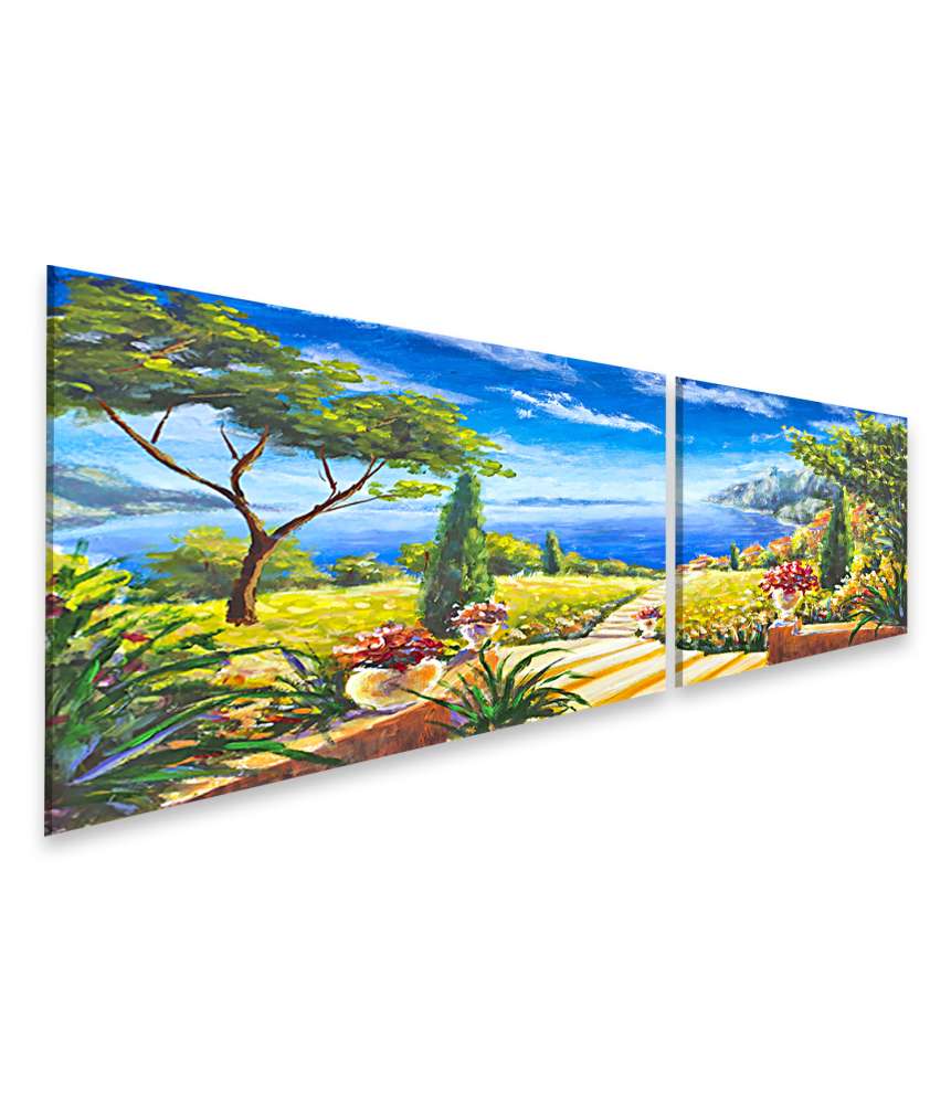 Islandburner Bild auf Leinwand Handgemaltes Wandbild: Sommerlandschaft mit Weg zum Ozean und Blumenvasen