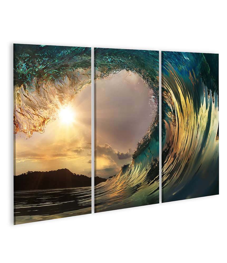 Islandburner Bild auf Leinwand Atemberaubendes Wandbild einer Surf-Welle zum Sonnenuntergang am Ozeanstrand