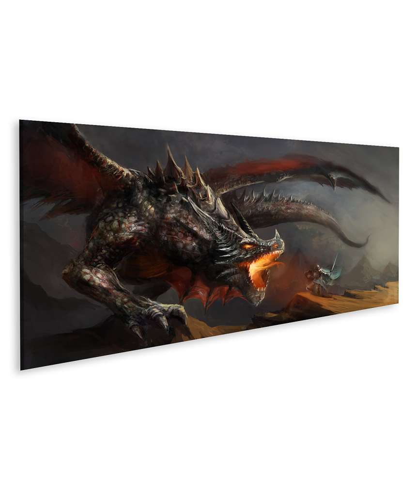 Islandburner Bild auf Leinwand Fantasy-Wandbild: Ritter kämpft gegen feuerspeienden Drachen