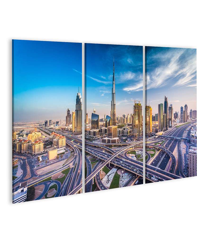 Islandburner Bild auf Leinwand Atemberaubendes Wandbild der belebten Skyline Dubais neben einer Autobahn