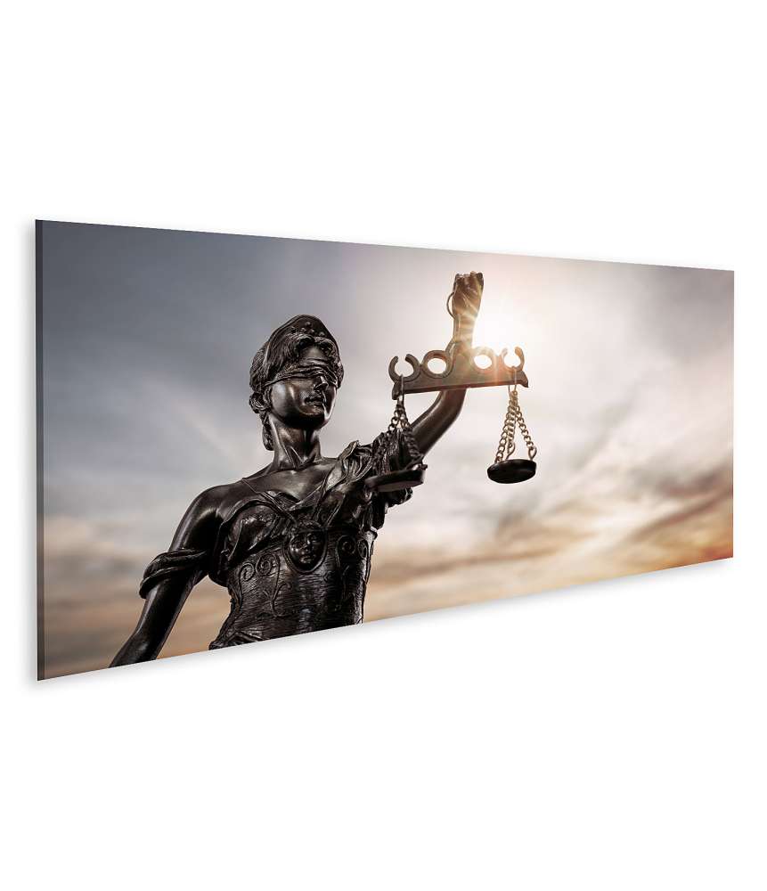 Islandburner Bild auf Leinwand Bronzene Justitia-Figur mit Rechtswaage auf Wandbild