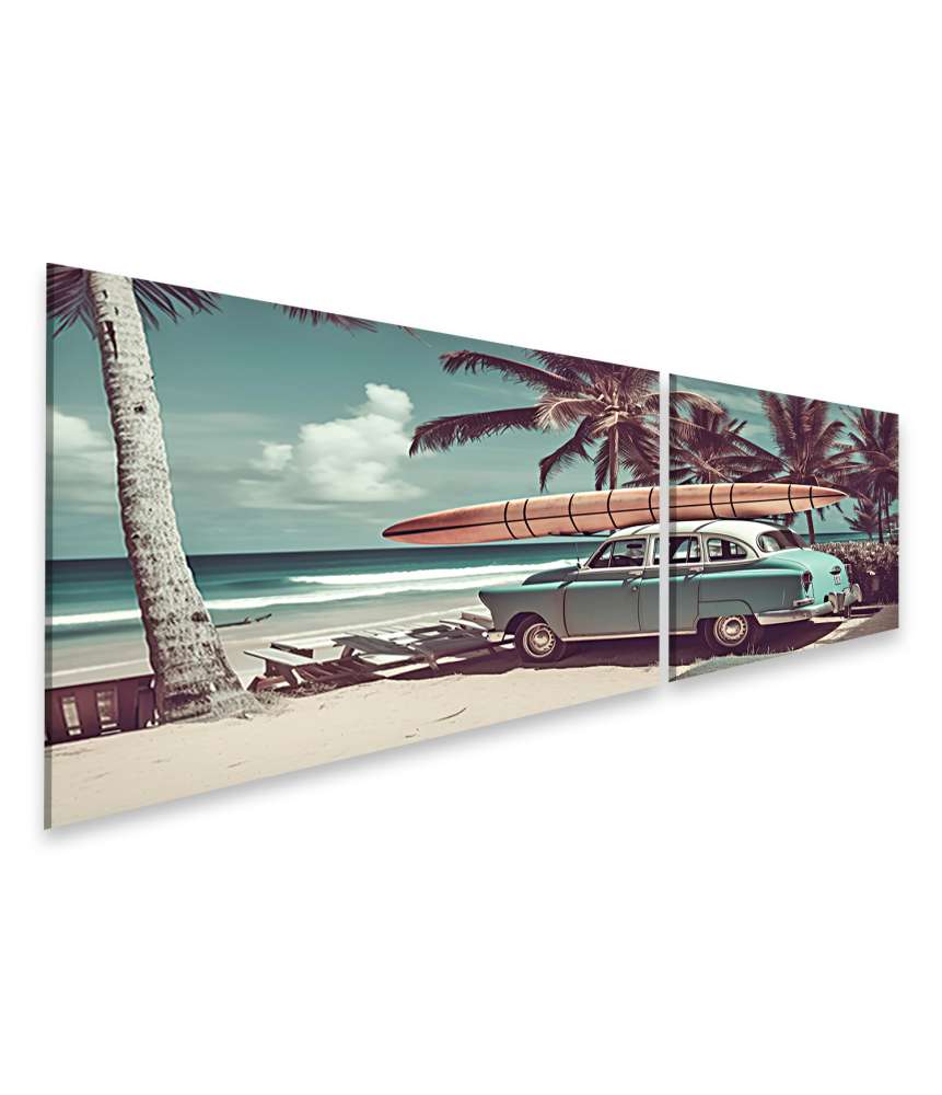 Islandburner Bild auf Leinwand Vintage Auto mit Surfbrett auf einem nostalgischen Wandbild