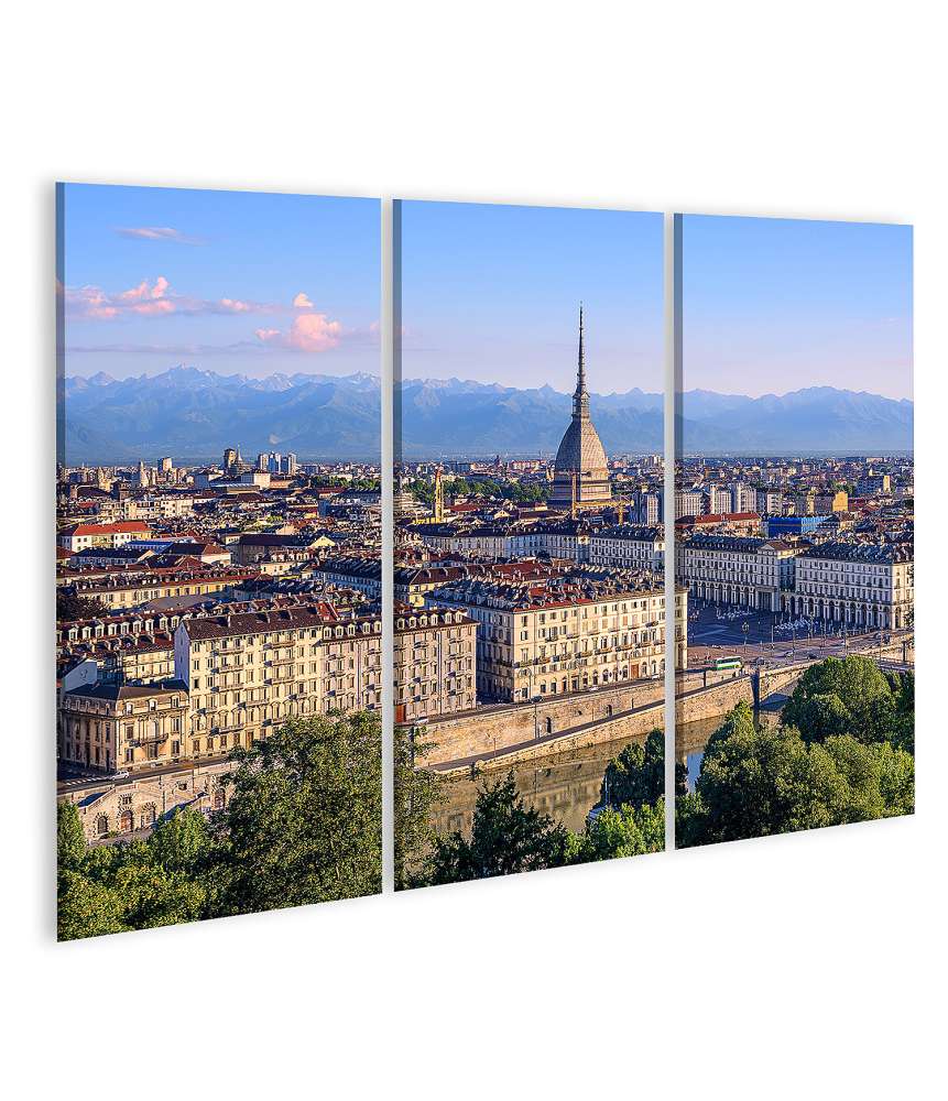 Islandburner Bild auf Leinwand Panorama von Turins Stadtzentrum mit Mole Antonelliana Turm und Alpenbergen