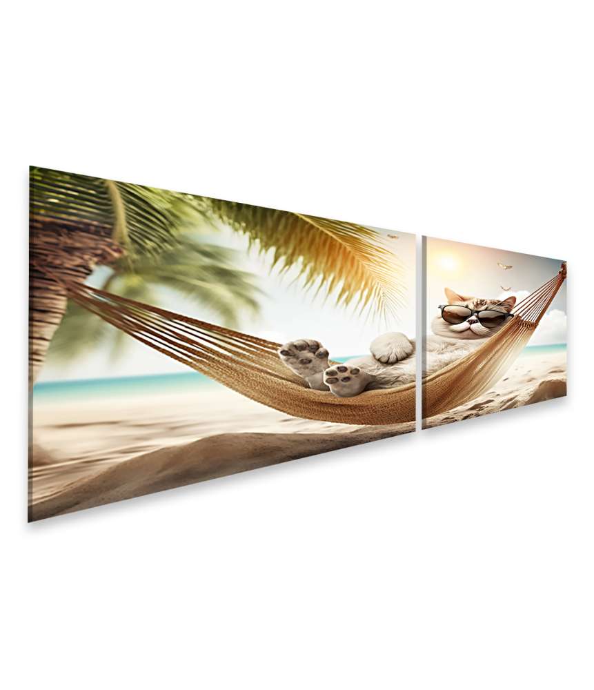 Islandburner Bild auf Leinwand Entspannte Katze mit Sonnenbrille am Strand - Lustiges Haustier-Urlaubsbild