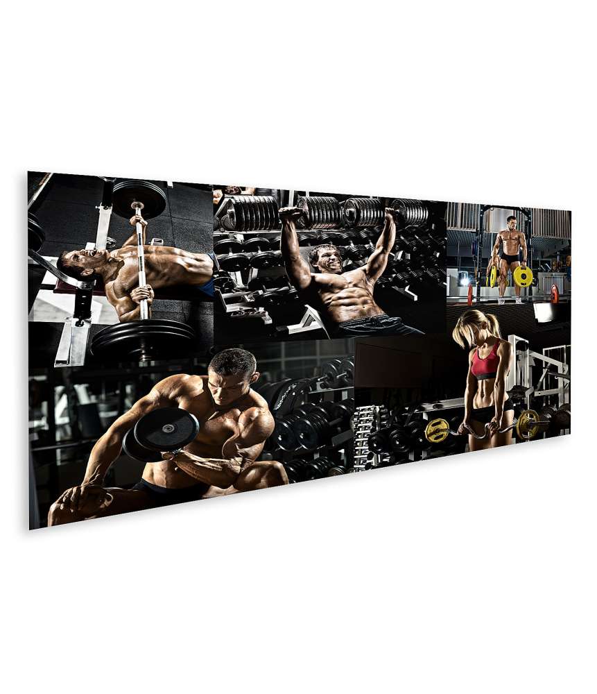 Islandburner Bild auf Leinwand Bodybuilding-Ãbung mit Gewichtspresse in Fitnessstudio-Fotocollage-Wandbild