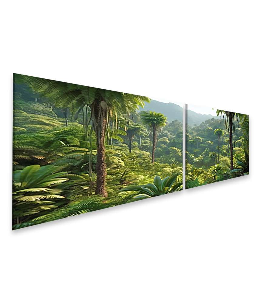 Islandburner Bild auf Leinwand Exotisches Wandbild: Dschungelpanorama mit üppigem Wald und tropischen Pflanzen