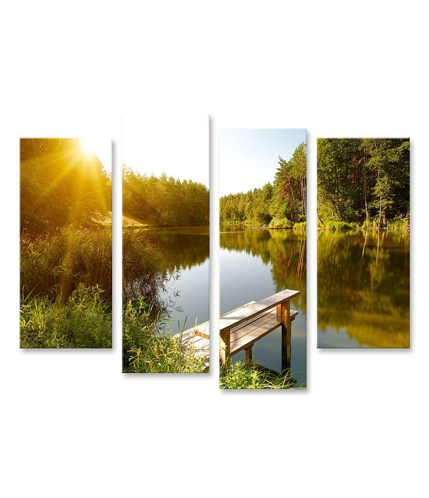 Islandburner Bild auf Leinwand Idyllische Sommerlandschaft mit Waldsee unter strahlendem Sonnenschein