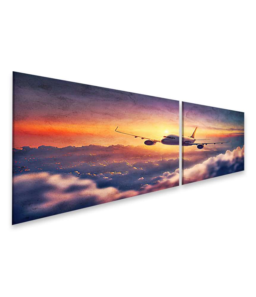 Islandburner Bild auf Leinwand Sonnenuntergang mit fliegendem Flugzeug im Aquarellstil