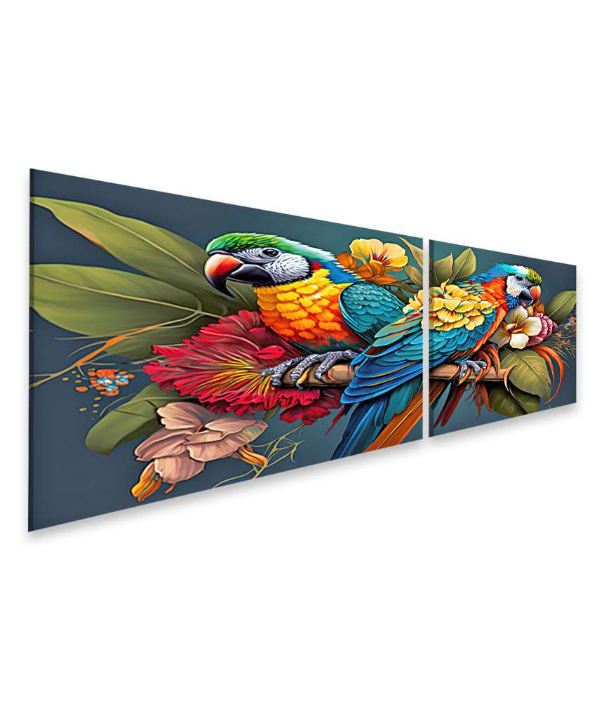 Islandburner Bild auf Leinwand Buntes Wandbild mit Papageien, tropischen Blumen und Wildtieren