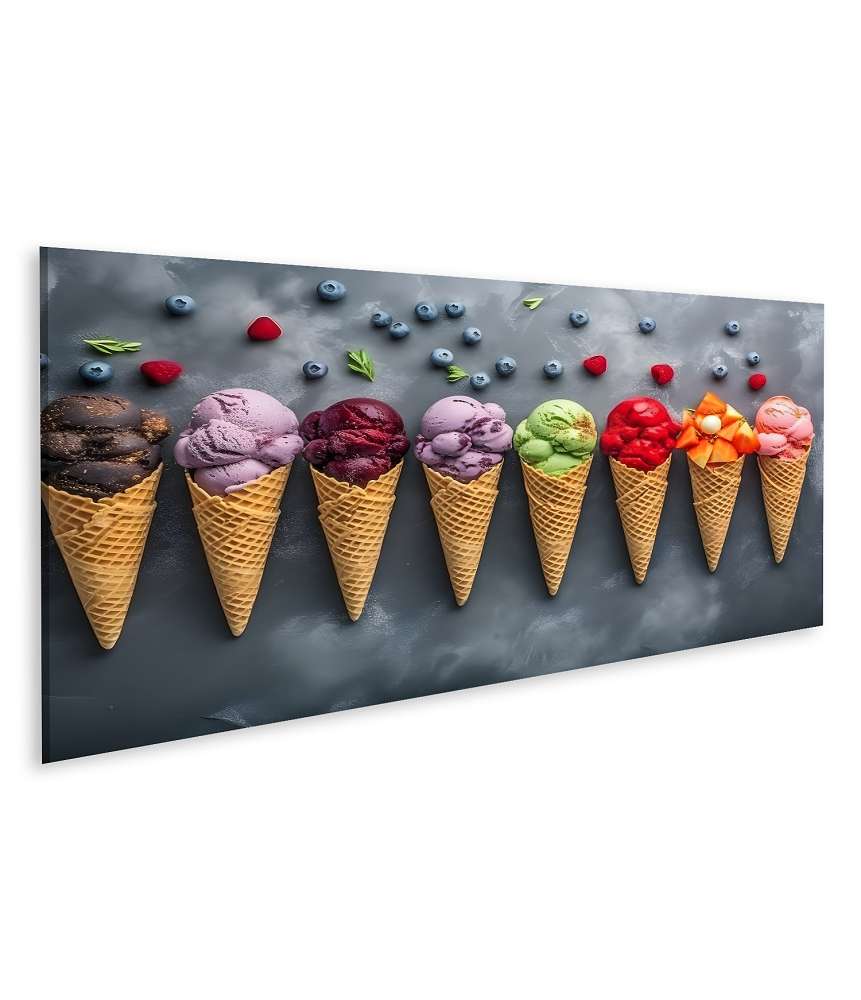 Islandburner Bild auf Leinwand Vielfältige Eiscreme-Kegel mit Obstdekor auf buntem Hintergrund