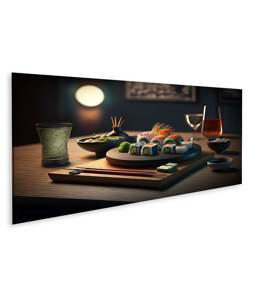 Islandburner Bild auf Leinwand Japanisches Sushi-Roll-Set, serviert auf Restauranttisch, Wandbild