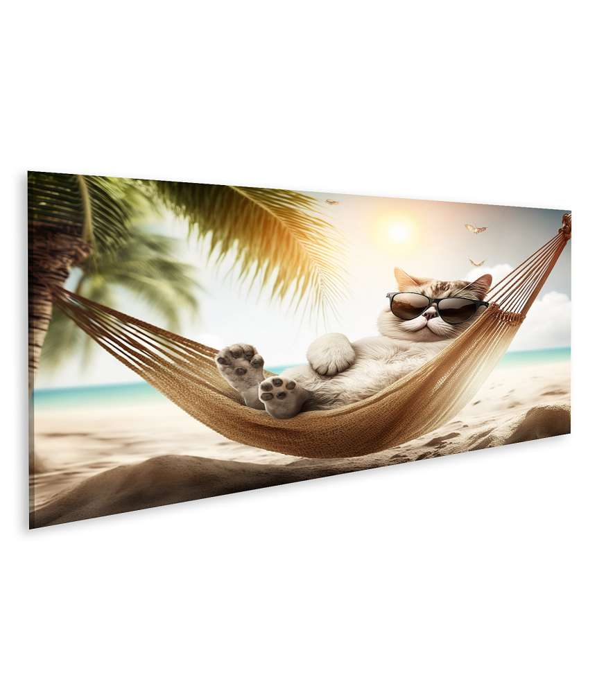 Islandburner Bild auf Leinwand Entspannte Katze mit Sonnenbrille am Strand - Lustiges Haustier-Urlaubsbild