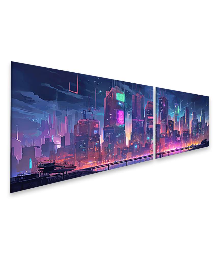 Islandburner Bild auf Leinwand Dunkle Cyberpunk-Stadt-Skyline beleuchtet mit Neonlichtern